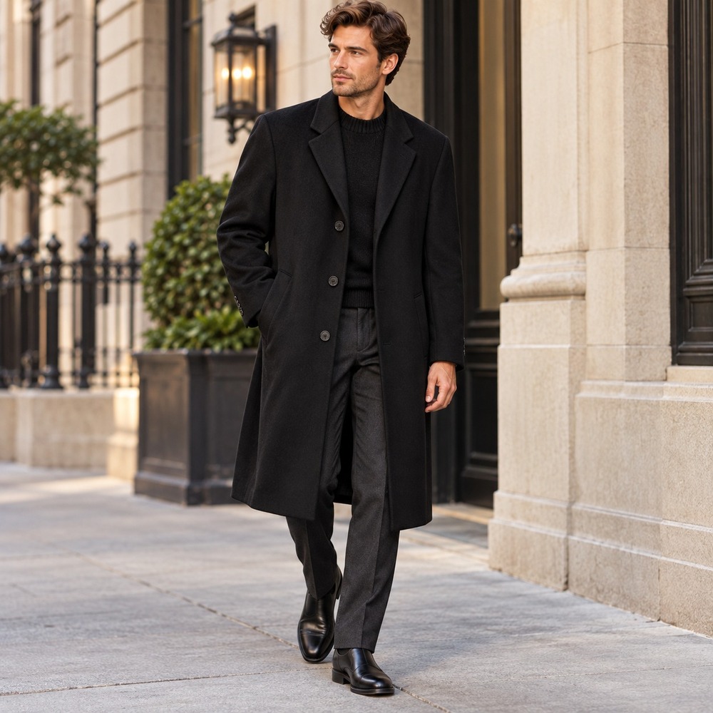 Kenneth Cole Mens Wool Cashmere Overcoat Sz 40R Black Long Topcoat Old Money